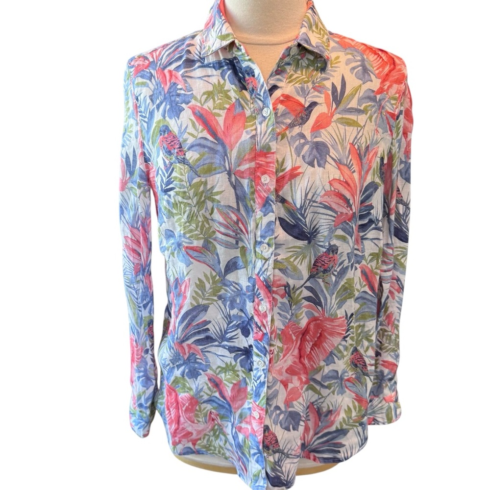 J. McLaughlin 100% Linen Floral Tropical Button Down Shirt Women's SMALL